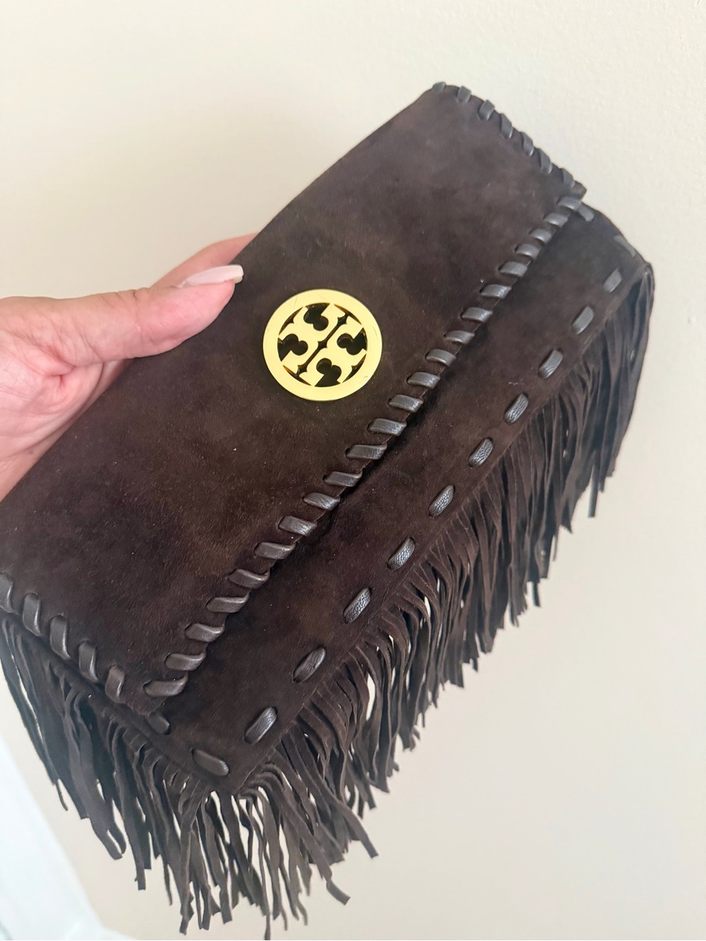Authentic Tory Burch Brown Suede Fringe Clutch